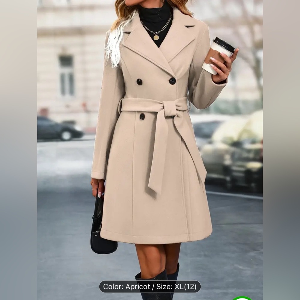 Double Breasted Trench Coat. Elegant Lapel Long Sleeve Outerwear.